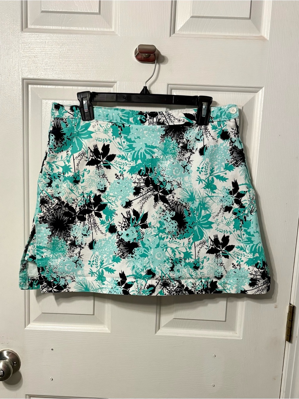 Floral Print A-Line Skirt in Teal and Black - Women